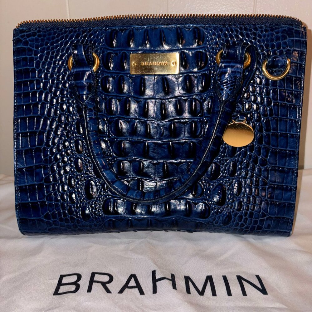 BRAHMIN Melbourne Stacy Satchel – Navy Embossed Leather